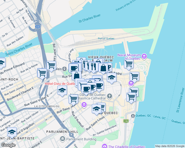 map of restaurants, bars, coffee shops, grocery stores, and more near 227 Rue Saint-Paul in Québec