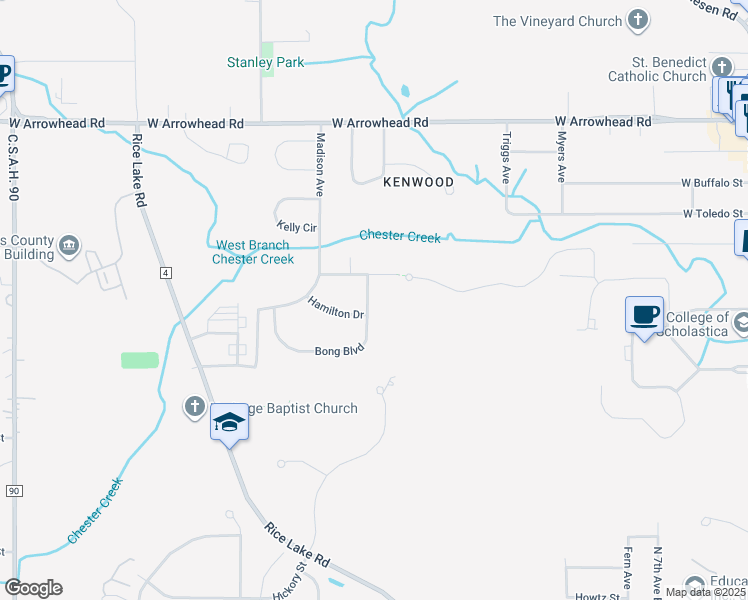 map of restaurants, bars, coffee shops, grocery stores, and more near 709 Bong Boulevard in Duluth