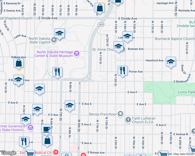 map of restaurants, bars, coffee shops, grocery stores, and more near 1100 East Boulevard Avenue in Bismarck