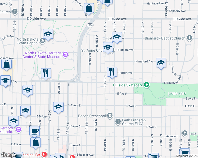 map of restaurants, bars, coffee shops, grocery stores, and more near 1274 East Boulevard Avenue in Bismarck