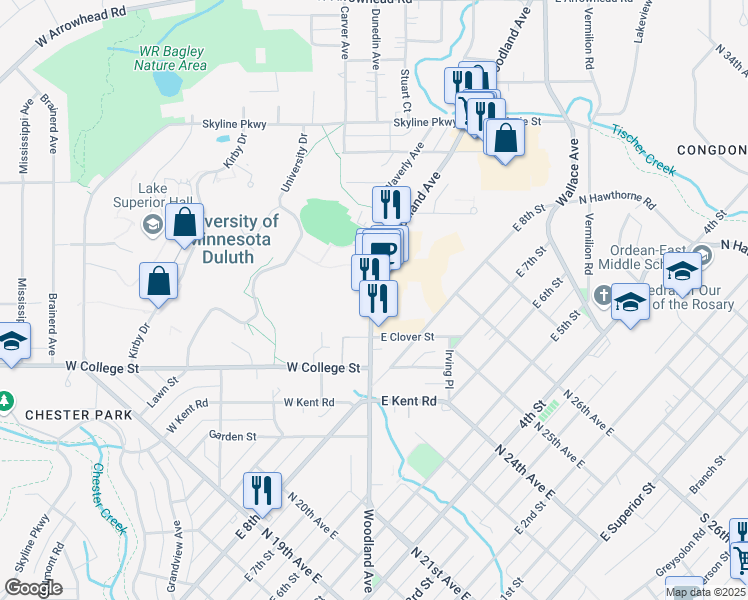 map of restaurants, bars, coffee shops, grocery stores, and more near 960 Woodland Avenue in Duluth