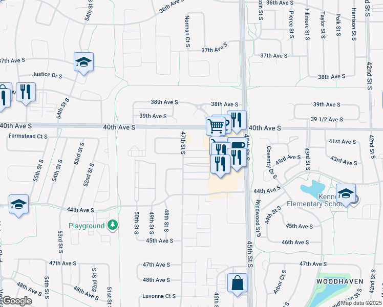 map of restaurants, bars, coffee shops, grocery stores, and more near 4250 47th Street South in Fargo
