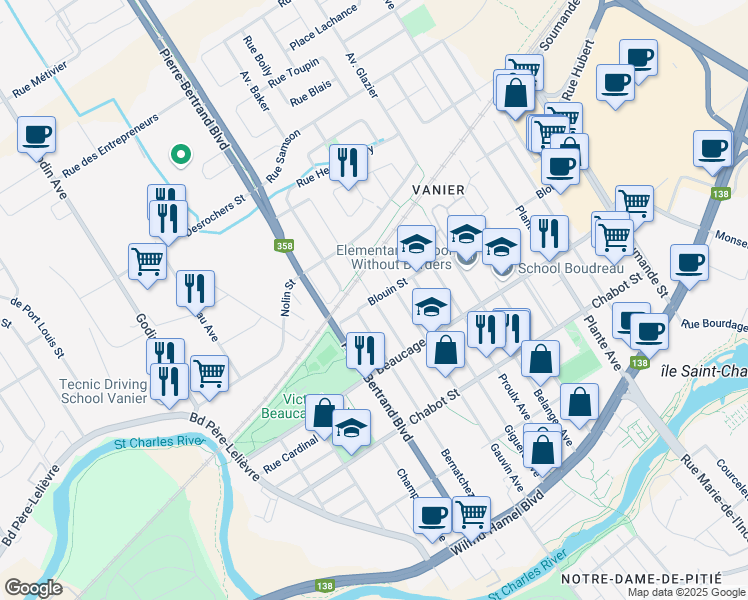 map of restaurants, bars, coffee shops, grocery stores, and more near Avenue Santerre in Ville de Québec