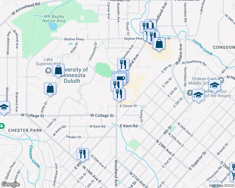map of restaurants, bars, coffee shops, grocery stores, and more near 1002 Woodland Avenue in Duluth