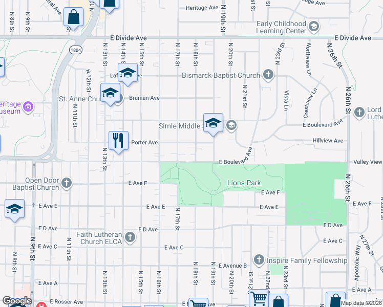 map of restaurants, bars, coffee shops, grocery stores, and more near 1110 North 18th Street in Bismarck