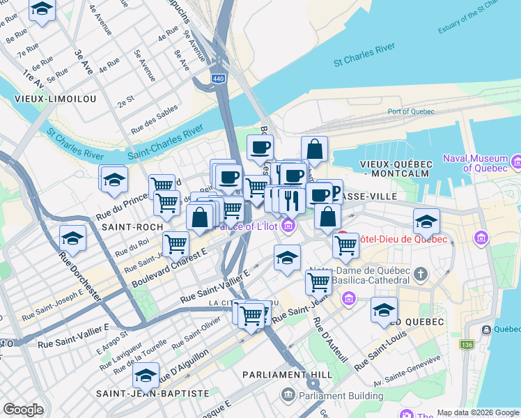 map of restaurants, bars, coffee shops, grocery stores, and more near 400 Boulevard Jean-Lesage in Québec