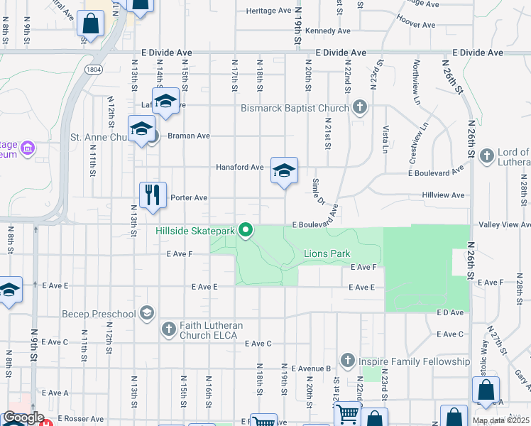 map of restaurants, bars, coffee shops, grocery stores, and more near 1814 East Boulevard Avenue in Bismarck