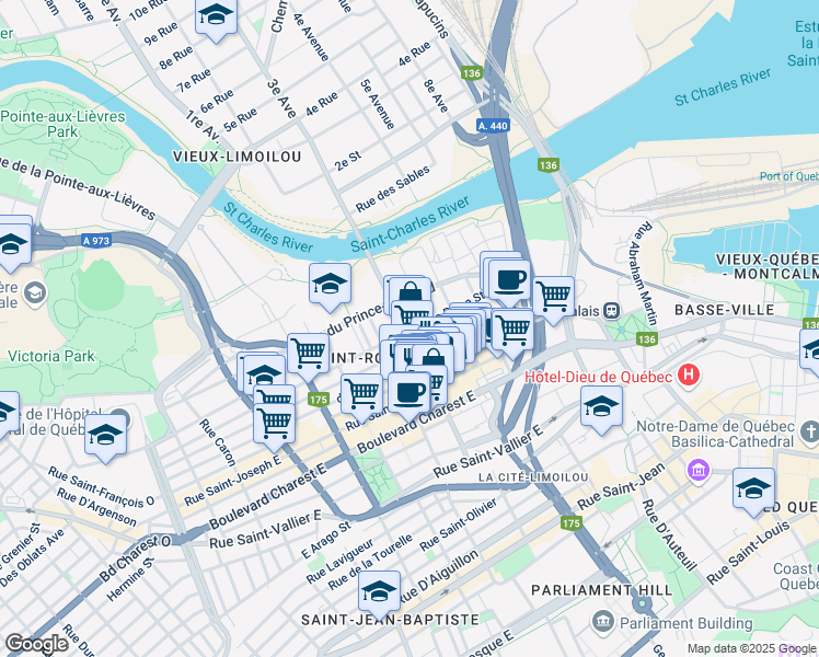map of restaurants, bars, coffee shops, grocery stores, and more near 297 Rue du Pont in Québec City
