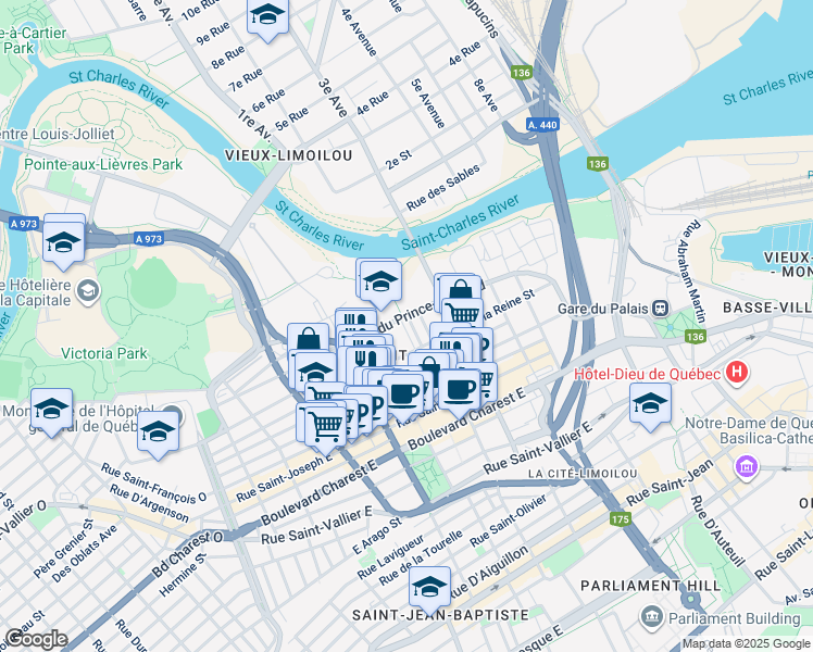 map of restaurants, bars, coffee shops, grocery stores, and more near 259 Avenue Daulac in Ville de Québec