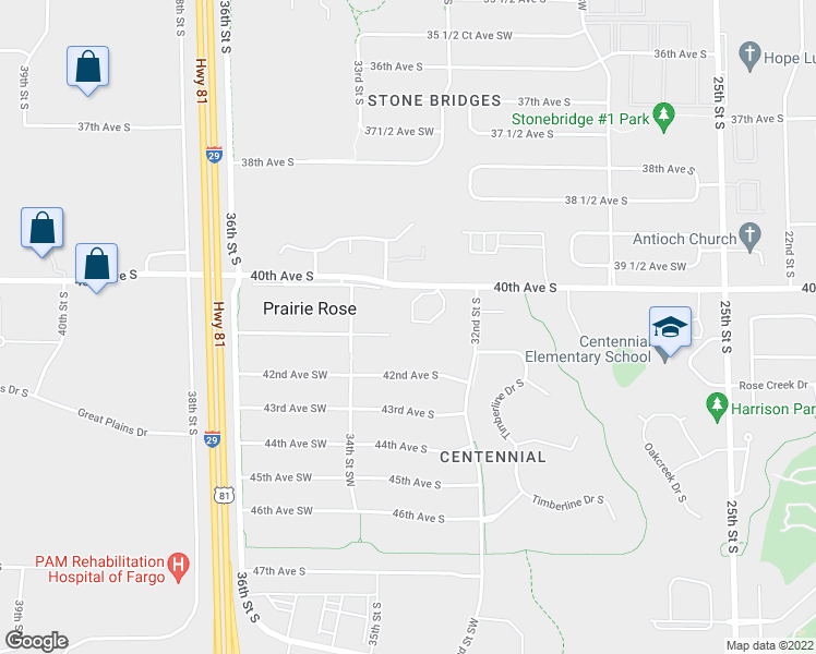 map of restaurants, bars, coffee shops, grocery stores, and more near 3284 41st Avenue South in Prairie Rose