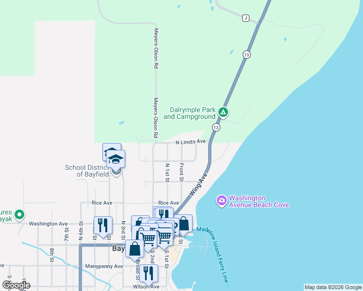map of restaurants, bars, coffee shops, grocery stores, and more near 414 Front Street in Bayfield