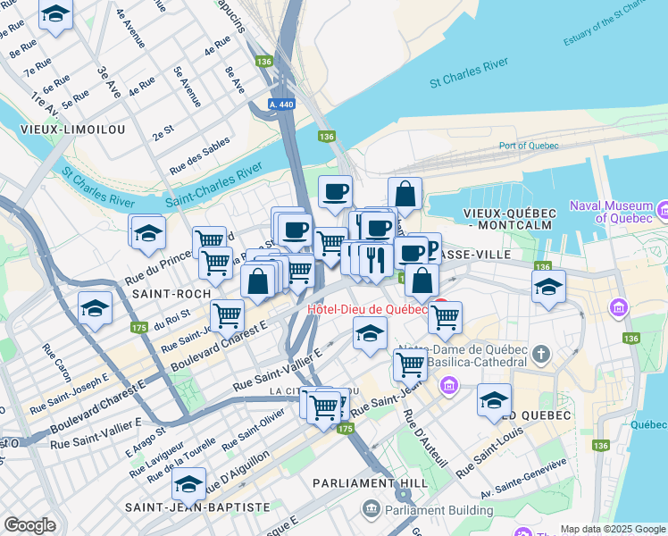 map of restaurants, bars, coffee shops, grocery stores, and more near 400 Boulevard Jean-Lesage in Québec