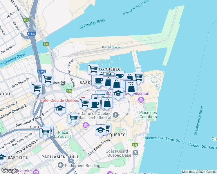 map of restaurants, bars, coffee shops, grocery stores, and more near 107 Quai Saint-André in Québec