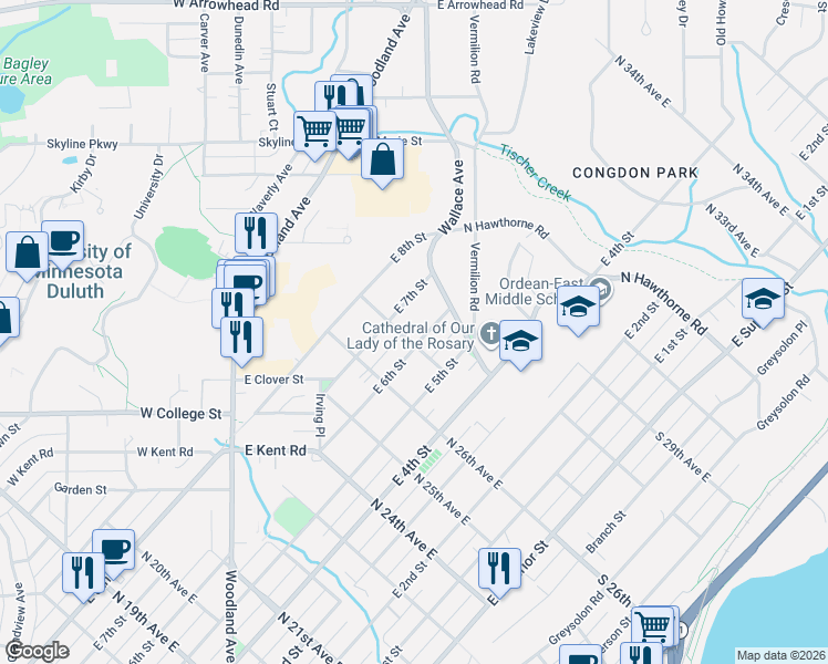 map of restaurants, bars, coffee shops, grocery stores, and more near 2617 East 6th Street in Duluth