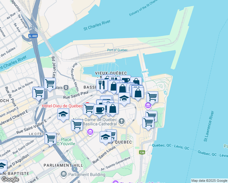 map of restaurants, bars, coffee shops, grocery stores, and more near 107 Québec 136 in Québec