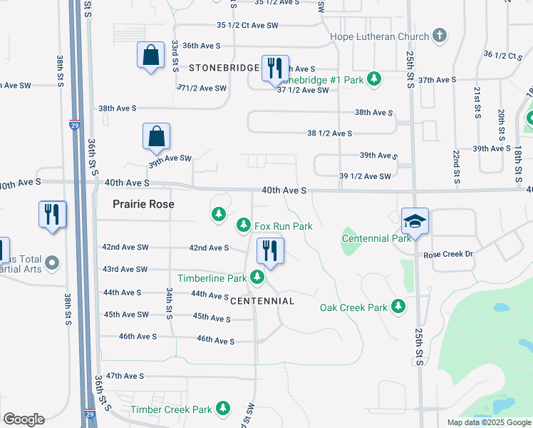 map of restaurants, bars, coffee shops, grocery stores, and more near 3114 Timberline Circle in Fargo