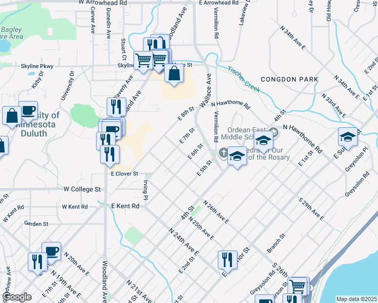 map of restaurants, bars, coffee shops, grocery stores, and more near 2617 East 6th Street in Duluth