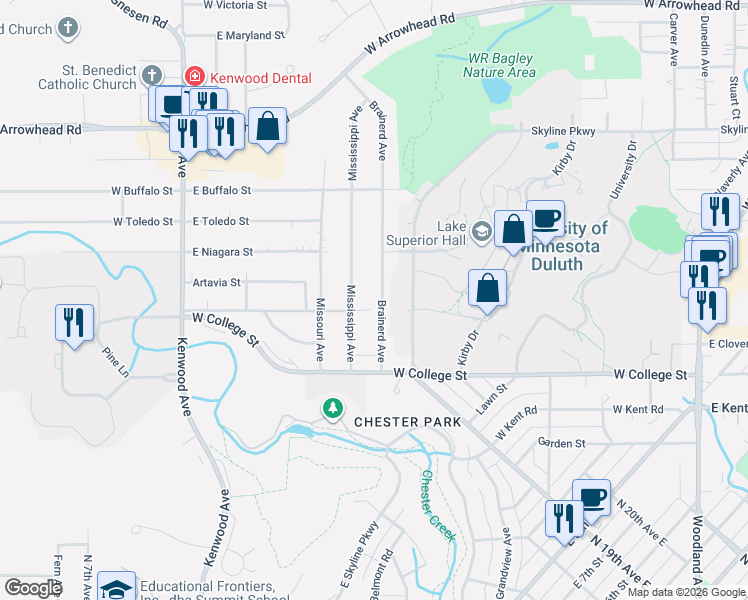 map of restaurants, bars, coffee shops, grocery stores, and more near 1055 Brainerd Avenue in Duluth