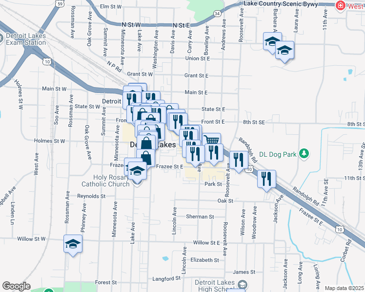map of restaurants, bars, coffee shops, grocery stores, and more near 902 McKinley Avenue in Detroit Lakes