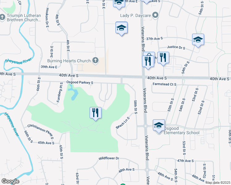 map of restaurants, bars, coffee shops, grocery stores, and more near 4234 Clubhouse Drive South in Fargo