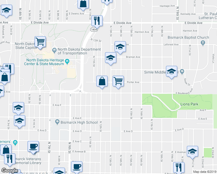 map of restaurants, bars, coffee shops, grocery stores, and more near 1114 North 13th Street in Bismarck