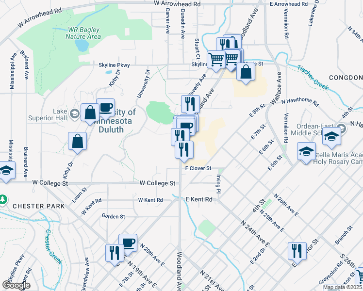 map of restaurants, bars, coffee shops, grocery stores, and more near 1002 Woodland Avenue in Duluth