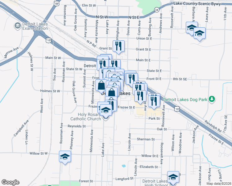 map of restaurants, bars, coffee shops, grocery stores, and more near in Detroit Lakes