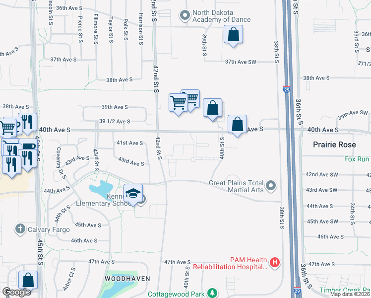 map of restaurants, bars, coffee shops, grocery stores, and more near 4143 41st Avenue South in Fargo