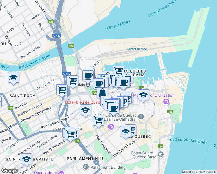 map of restaurants, bars, coffee shops, grocery stores, and more near 278 Rue Saint-Paul in Québec