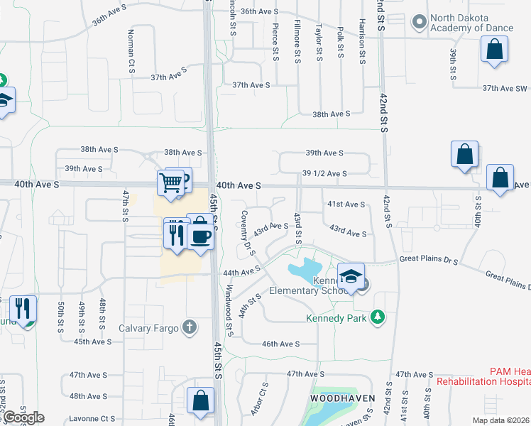 map of restaurants, bars, coffee shops, grocery stores, and more near 4332 43rd Avenue South in Fargo