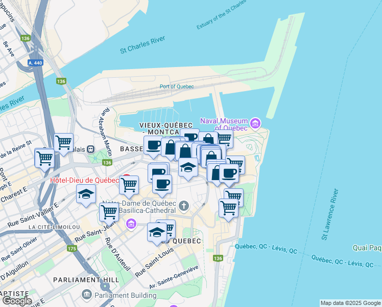 map of restaurants, bars, coffee shops, grocery stores, and more near 100 Quai Saint-André in Québec