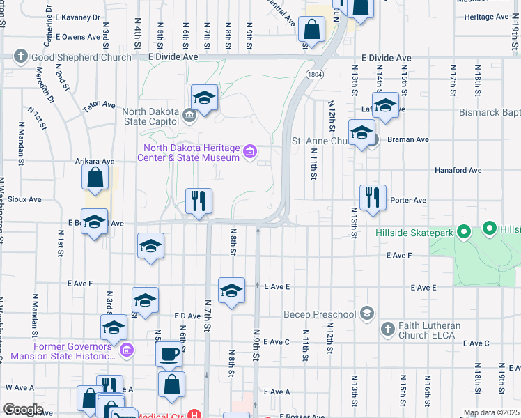 map of restaurants, bars, coffee shops, grocery stores, and more near 900 East Boulevard Avenue in Bismarck