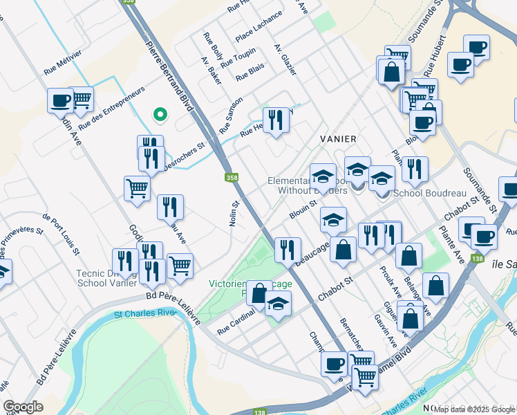 map of restaurants, bars, coffee shops, grocery stores, and more near 426 Boulevard Pierre Bertrand in Québec