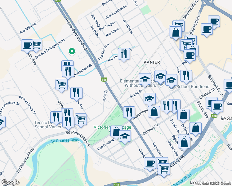 map of restaurants, bars, coffee shops, grocery stores, and more near 426 Boulevard Pierre Bertrand in Québec City