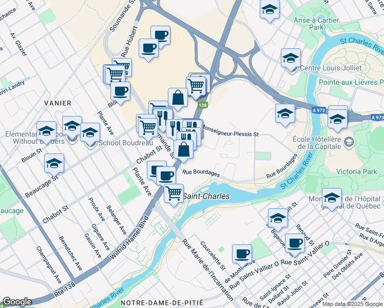 map of restaurants, bars, coffee shops, grocery stores, and more near 565 Boulevard Wilfrid-Hamel in Québec