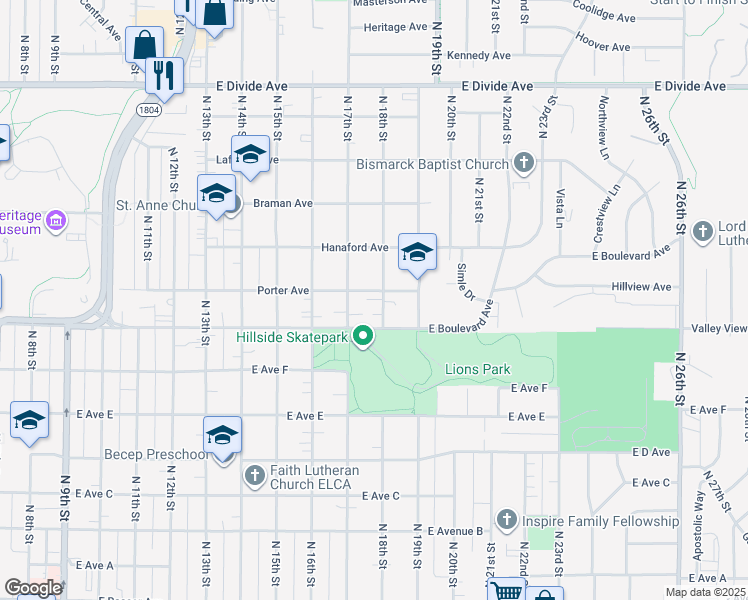 map of restaurants, bars, coffee shops, grocery stores, and more near 1716 Porter Avenue in Bismarck