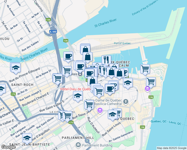 map of restaurants, bars, coffee shops, grocery stores, and more near 278 Rue Saint-Paul in Québec