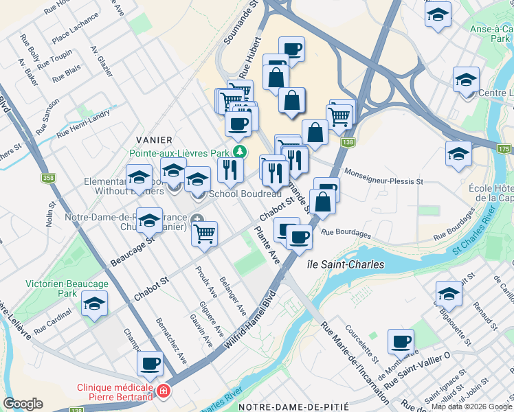 map of restaurants, bars, coffee shops, grocery stores, and more near 127 Avenue Turcotte in Québec