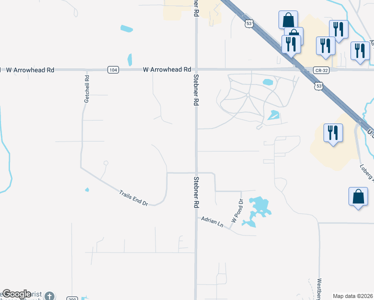 map of restaurants, bars, coffee shops, grocery stores, and more near 4239 Stebner Road in Hermantown