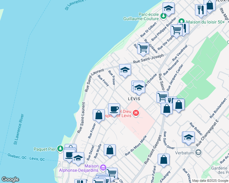 map of restaurants, bars, coffee shops, grocery stores, and more near 88 Rue Fraser in Lévis