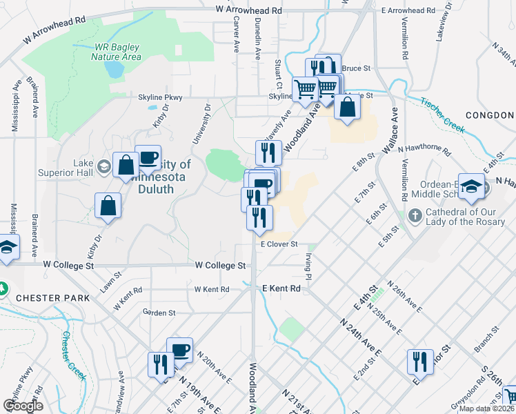 map of restaurants, bars, coffee shops, grocery stores, and more near 1114 Woodland Avenue in Duluth
