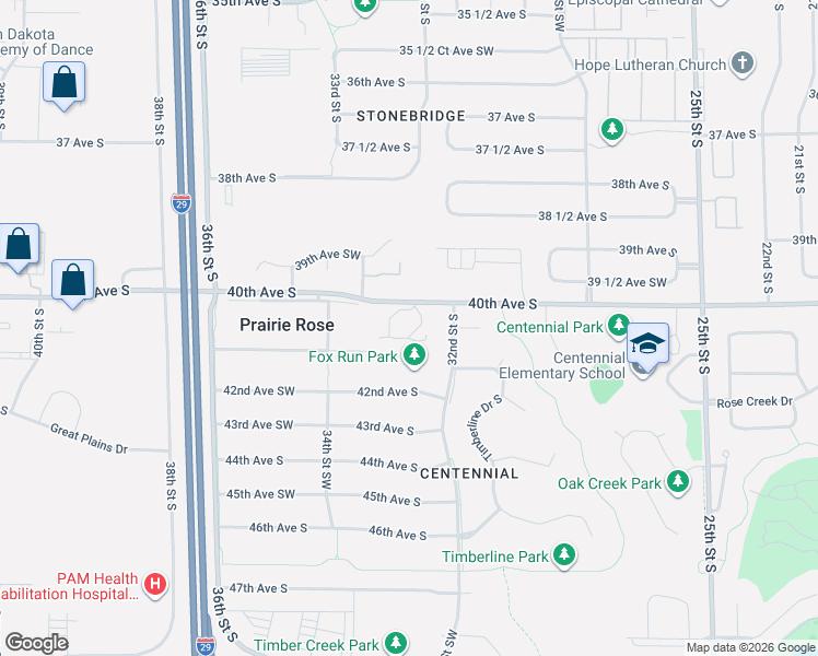 map of restaurants, bars, coffee shops, grocery stores, and more near 3216a 40th Avenue South in Fargo
