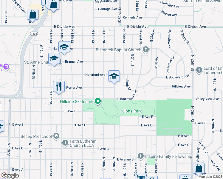 map of restaurants, bars, coffee shops, grocery stores, and more near 1814 Porter Avenue in Bismarck