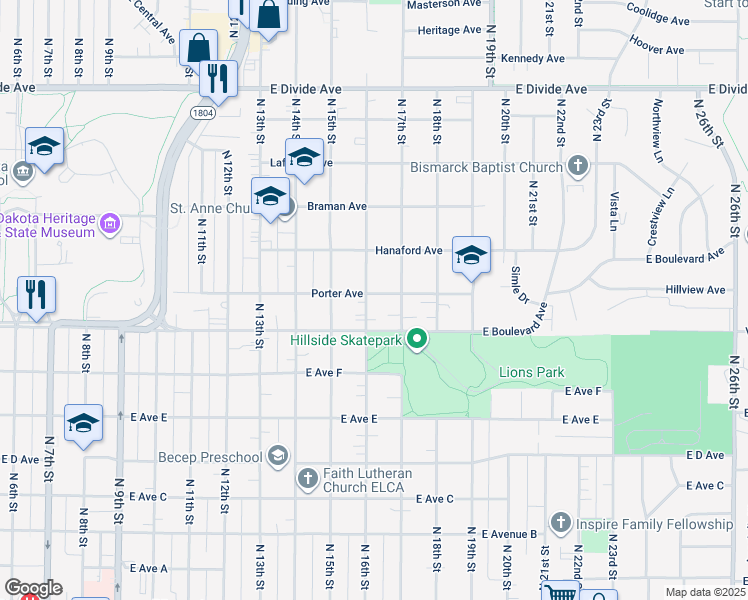 map of restaurants, bars, coffee shops, grocery stores, and more near 1612 Porter Avenue in Bismarck