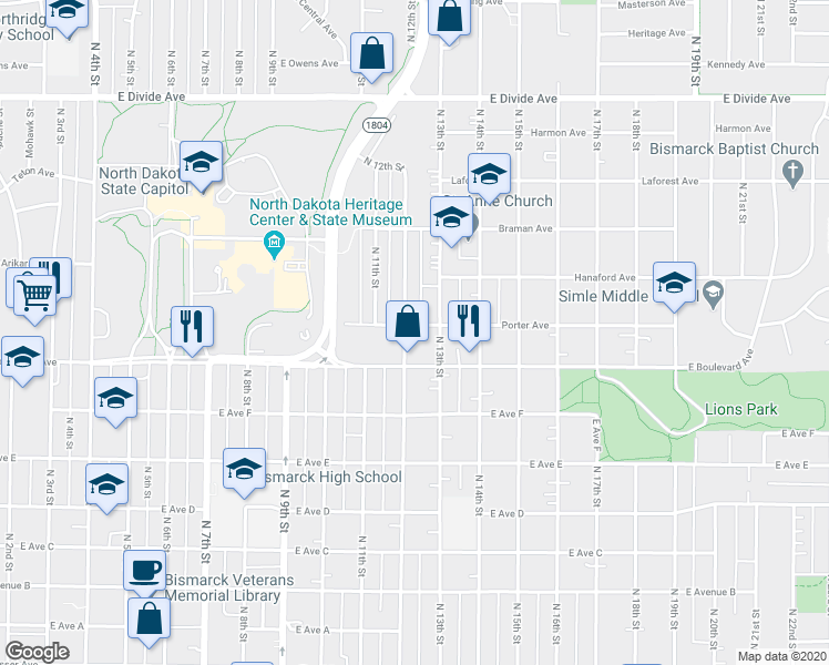 map of restaurants, bars, coffee shops, grocery stores, and more near 1210 North 13th Street in Bismarck