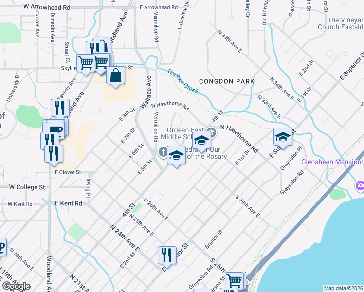 map of restaurants, bars, coffee shops, grocery stores, and more near 412 Lakeview Avenue in Duluth
