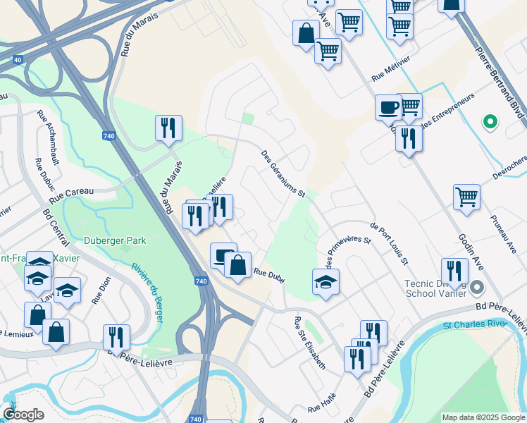 map of restaurants, bars, coffee shops, grocery stores, and more near 1794 Rue des Clématites in Quebec