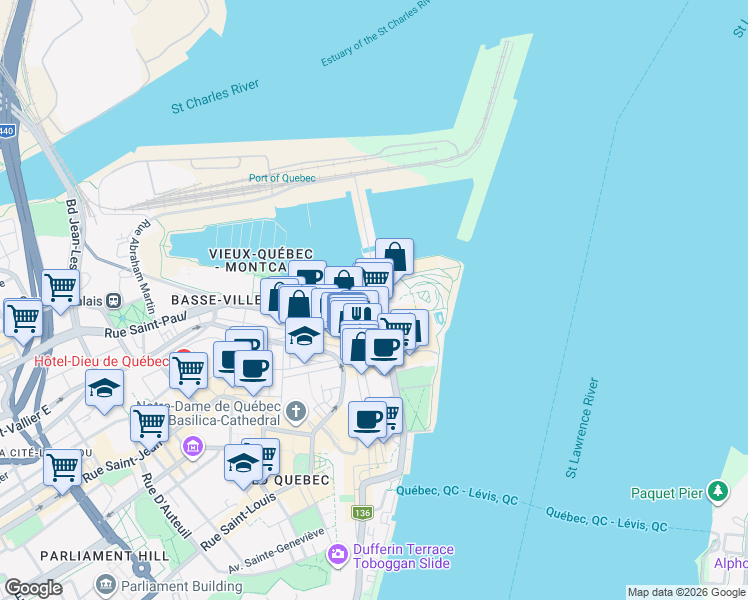 map of restaurants, bars, coffee shops, grocery stores, and more near 125 Rue Dalhousie in Québec