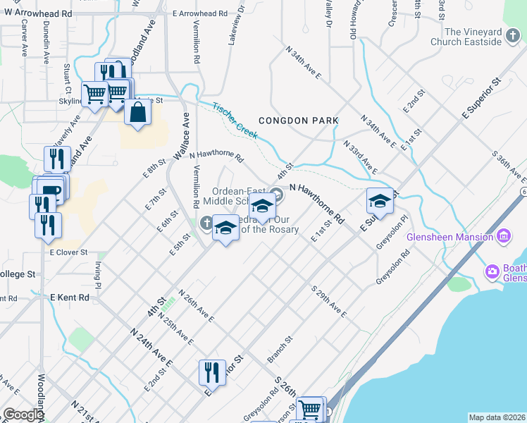 map of restaurants, bars, coffee shops, grocery stores, and more near 415 North Hawthorne Road in Duluth