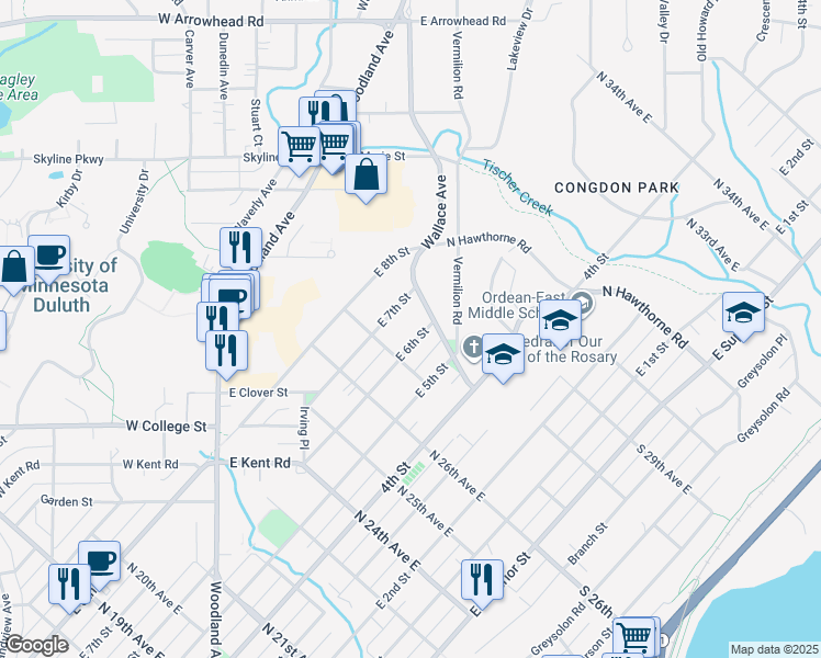 map of restaurants, bars, coffee shops, grocery stores, and more near 610 Wallace Avenue in Duluth
